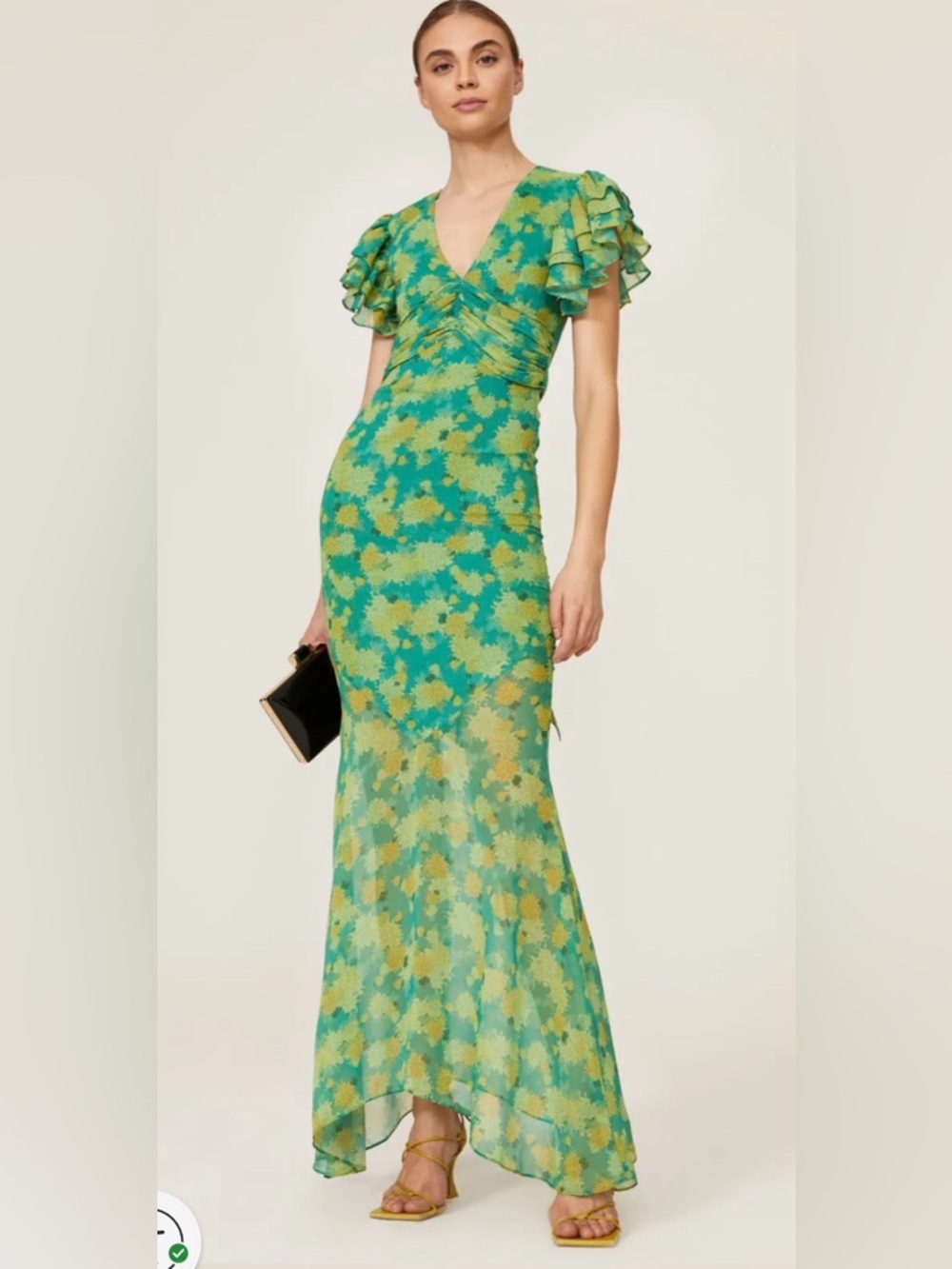 De La Vali 
Palmera Green Floral V-Neck Ruffle-Sleeve Maxi Dress size US 6. - Picture 3 of 12